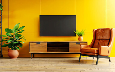 Brightly colored yellow wall background, wood floor, leather lounge chair, flat screen TV front facing