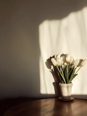 Front facing beige background with white tulips in a vase on a table top with editorial space