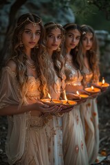 Young women in bridal gowns holding a lit oil lamps at night. Bible story.