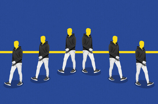 A group of a walking men with a yellow heads