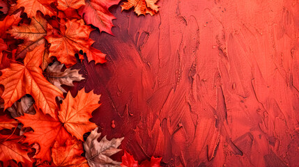 Autumn leaves on red background