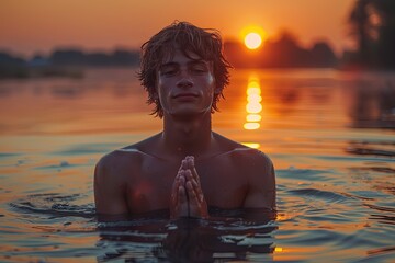 Portrait of man praying God in the water at sunset.	