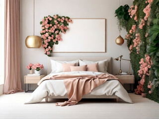 Bedroom with modern interior, Flowers on Wooden Stool and pouf in white background with Poster Frame