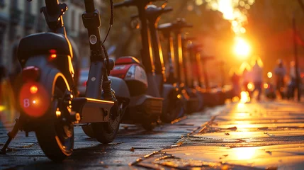 Wandcirkels aluminium Photo of electric scooters standing in a row against the backdrop of the setting sun. The concept of convenient movement around the city using electric transport © CozyDigital