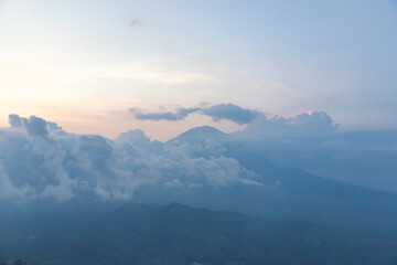 Silhouette of Mount Agung, at sunset, from the observation deck of Lahangan Sweet, on the island of Bali, Indonesia