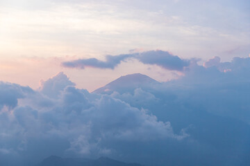 Silhouette of Mount Agung, at sunset, from the observation deck of Lahangan Sweet, on the island of...