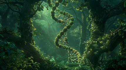 Fotobehang An ethereal scene where a DNA helix intricately weaves into the shape of a heart, embraced by a dense forest of towering trees and a canopy of lush leaves against a dark green canvas. 8K. © Sumia