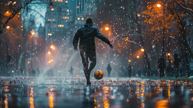 Soccer Player Kicking Soccer Ball in the Rain