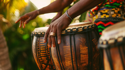 Fototapeta na wymiar Hands playing African drums.