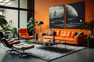 Modern living room interior with stylish comfortable orange sofa.	