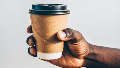 man s hand holding a small starbucks take home cup with lid on white background - obrazy, fototapety, plakaty