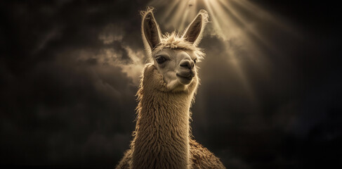 portrait of a llama over a dark stormy background with copy space