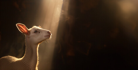 portrait of an innocent goat over a dark background with copy space