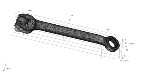 Investigation of properties of the wrench and bolt model. 3D modeling and analysis using computer-aided design system. Calculation grid. © TKalinovskaya