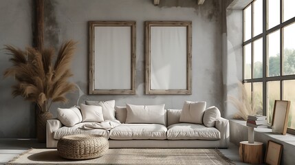 a scene where a stylish rustic sofa is situated against a grey wall  - obrazy, fototapety, plakaty