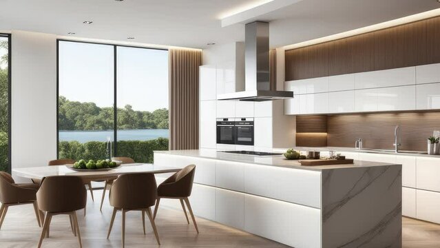 3D rendering. Modern kitchen residential interiors in luxury homes