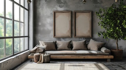 a scene where a stylish rustic sofa is situated against a grey wall 