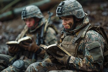 Soldier reading Bible.