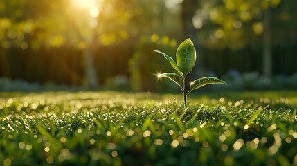 A sprout grows on a well-kept lawn. The early summer morning sun is shining in the background - obrazy, fototapety, plakaty