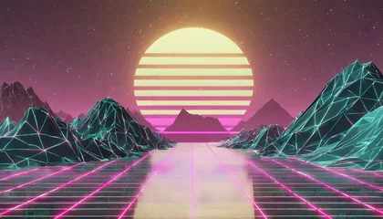 Fotobehang 80s retro futuristic sci fi background retrowave vj videogame landscape with neon lights and low poly terrain grid stylized vintage cyberpunk vaporwave 3d render with mountains sun and stars 4k © Dayami