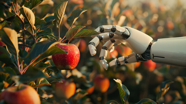 An immersive image showcasing a robotic hand gently picking a ripe apple from a bountiful orchard, illustrating the synergy between automation and agriculture. 8K.