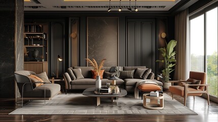 a serene and elegant Asian Indian living room with a modern twist, characterized by a prominent dark grey color scheme. Utilize generative AI to bring this vision to life with intricate details - obrazy, fototapety, plakaty
