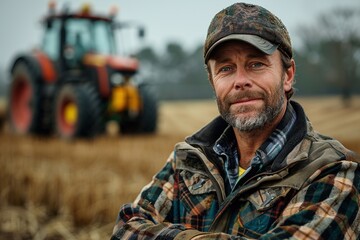 Fototapeta premium Male farmer standing in front of tractor.