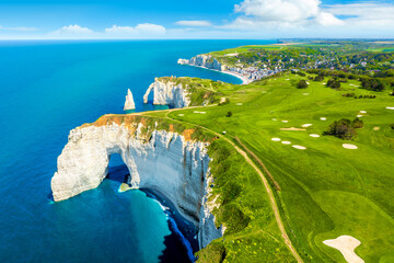 Aerial view of the beautiful cliffs of Etretat. Normandy, France, La Manche or English Channel - obrazy, fototapety, plakaty