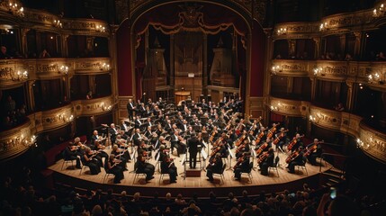 Obraz premium An elegant classical music concert, orchestra in full performance, audience captivated, in a grand historic theater. Resplendent.