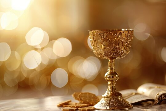 Bread with chalice of wine. Christian communion concept for reminder of Jesus sacrifice.	