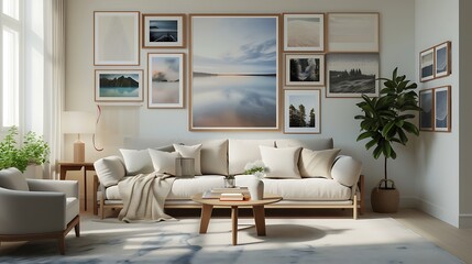 a serene living room ambiance with an AI-generated image wall featuring calming landscapes and serene artwork displayed in wooden mockup frames - obrazy, fototapety, plakaty