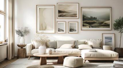 a serene living room ambiance with an AI-generated image wall featuring calming landscapes and serene artwork displayed in wooden mockup frames