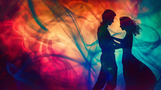 Side view silhouette of young couple dancing against colored dramatic background.