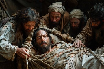 The four friends of the paralytic carry out an act of faith by lowering him through the roof so that Jesus can heal him. Bible story.