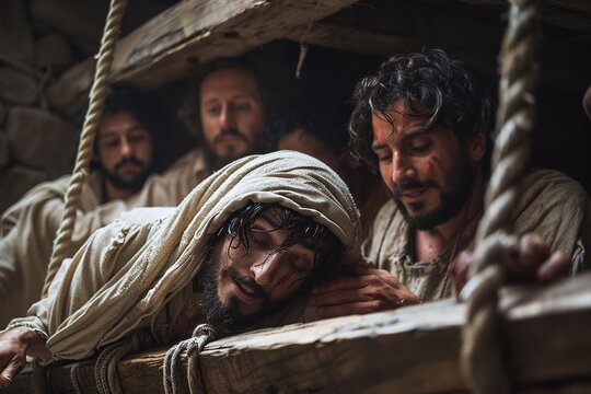 The four friends of the paralytic carry out an act of faith by lowering him through the roof so that Jesus can heal him. Bible story.