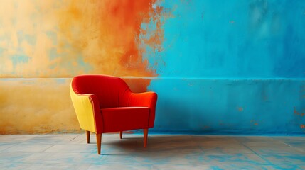 a short poem inspired by the image of the colorful armchair against the blue wall. Use metaphors and poetic language to convey the sensory experience and emotions associated with the scene - obrazy, fototapety, plakaty
