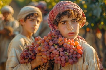 Two Israelites carry one huge cluster of grapes