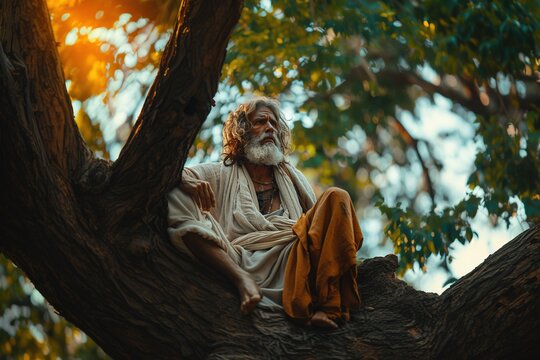 Zacchaeus on tree branch looking at Jesus.