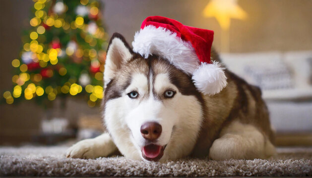Siberian husky with a santa hat laying on the floor.