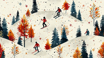Abstract retro downhill skiers in the winter landscape seamless wallpaper