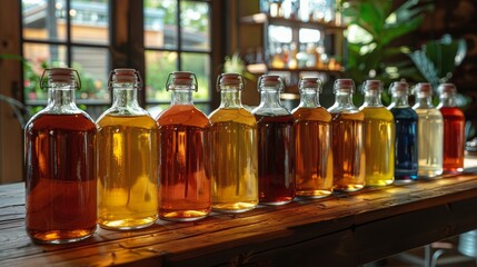 Array of Bottles Filled With Various Colored Liquids