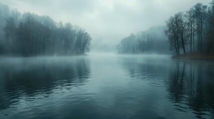 Fototapeta na wymiar Misty Lake Surrounded by Trees