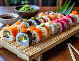 A tray of colorful sushi rolls arranged on a bamboo platter offers a tantalizing glimpse into the...