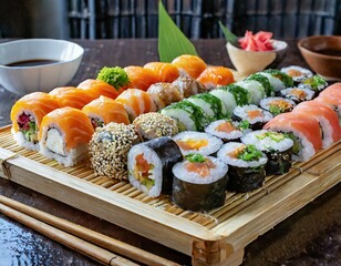 A tray of colorful sushi rolls arranged on a bamboo platter offers a tantalizing glimpse into the...