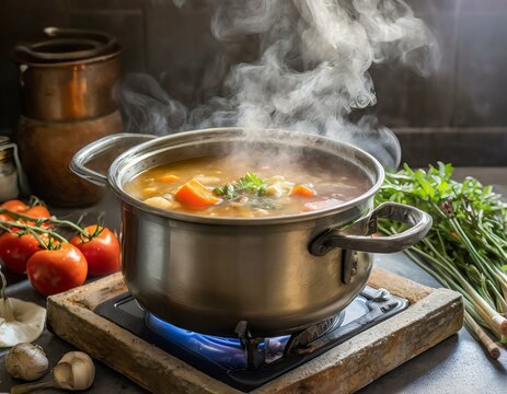 A steaming pot of homemade soup simmering on the stove exudes warmth and comfort, perfect for a cozy winter's day.