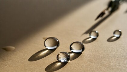 close up photo of little water drops with contour shadow isolated on beige color background