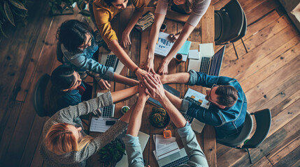 Group of people's hands joined together in the center of a table filled with work materials, signifying teamwork and collaboration.