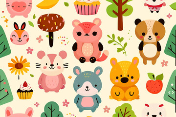 Quirky animals children's seamless wallpaper with beige background endless repeating pattern texture decorative element	