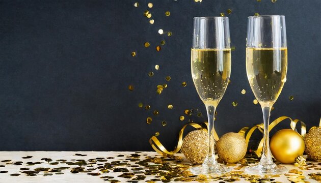 new year s eve celebration banner with champagne glasses and golden confetti on black background