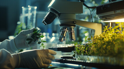 A captivating snapshot of a laboratory technician inspecting plant tissue samples under a high-powered microscope, searching for bioactive compounds with therapeutic properties. 8K